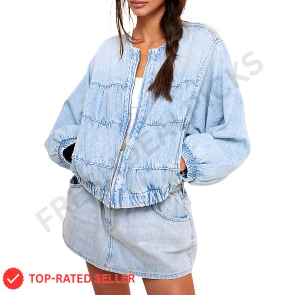 Oversized Cropped Denim Jacket Y2K Chic Zipped Long Sleeves Casual Wear